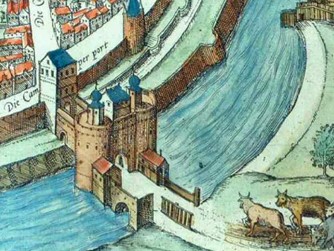 <p>De Kamper binnen- en buitenpoort zoals weergegeven op de stadsplattegrond door Braun en Hogenberg omstreeks 1580 uitgegeven. Aan de noordzijde van de poort is de binnengracht niet duidelijk weergegeven, afgaande op de enkele jaren eerder door Van Deventer getekende situatie zal deze er wel geweest zijn.  </p>
